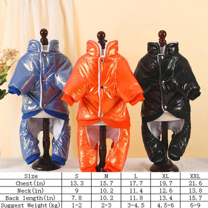 Size chart for cotton-padded winter dog coat