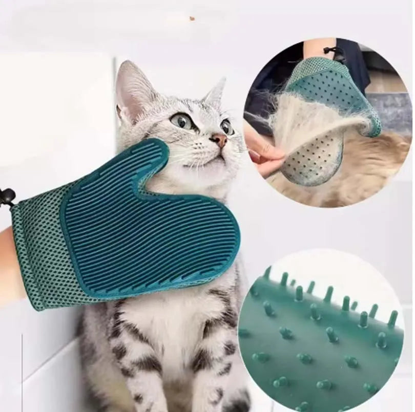 Cat being brushed with silicone pet hair removal glove