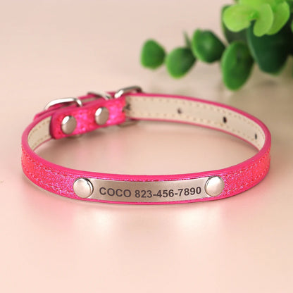 Collars displayed in circle (multiple colors) → "Adjustable bling cat and dog collars – personalized glitter design with ID plate"