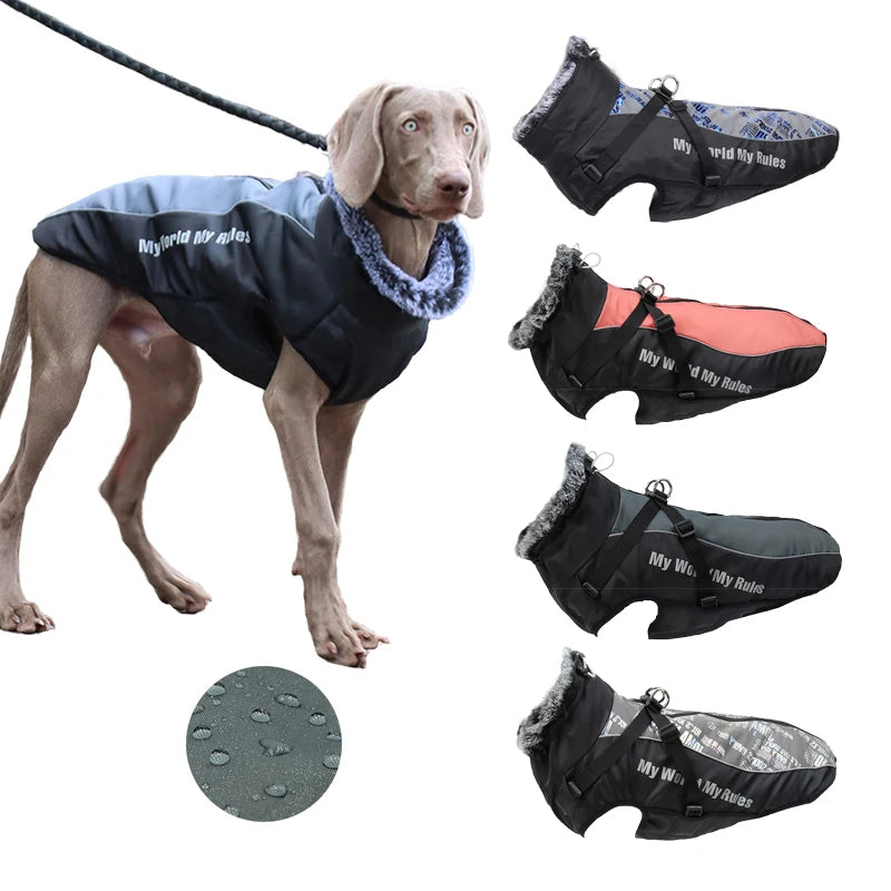Black winter dog jacket waterproof windproof for large breeds