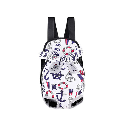 Woman carrying small dog in mesh pet backpack