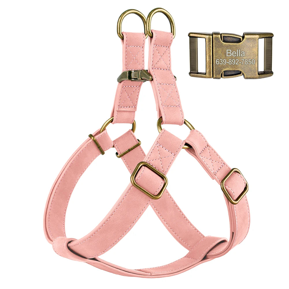 Custom PU Leather Dog Harness with Engraved ID Buckle & Matching Leash – Adjustable