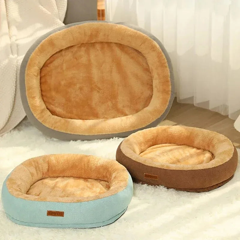 Warm brown dog bed with soft fluffy interior