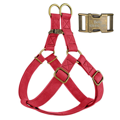 Custom PU Leather Dog Harness with Engraved ID Buckle & Matching Leash – Adjustable