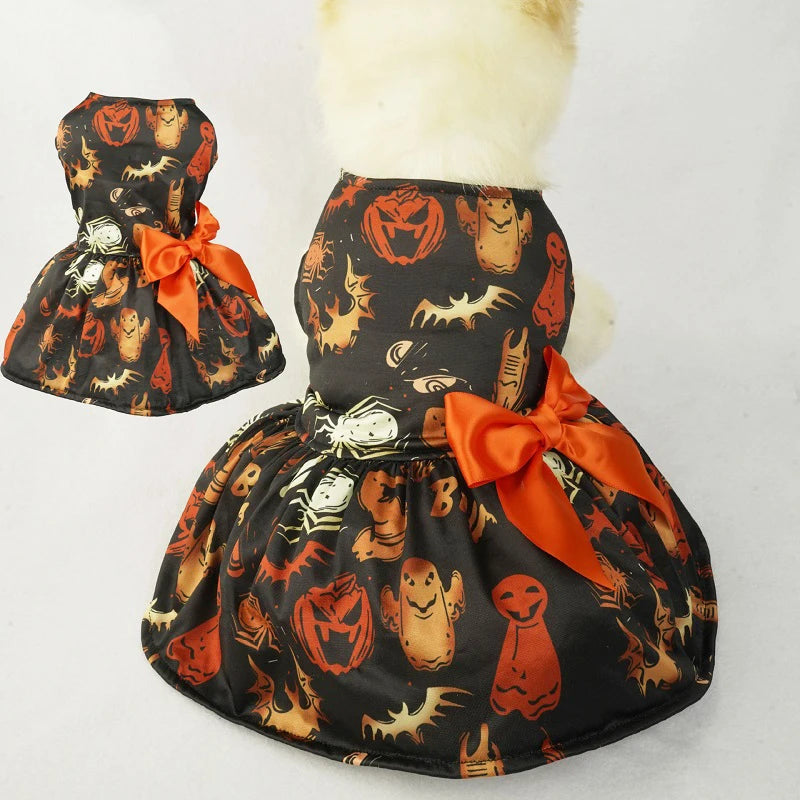 Funny pumpkin-themed dog costume for Yorkie or Pug