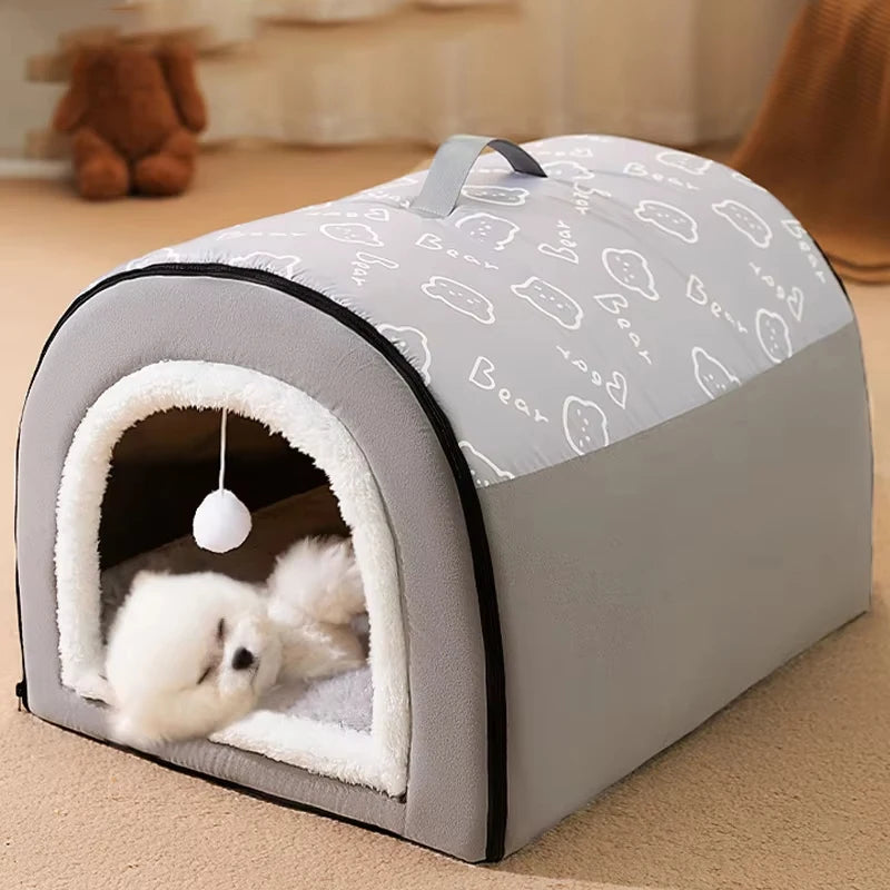 Small dog resting inside removable cozy pet bed nest