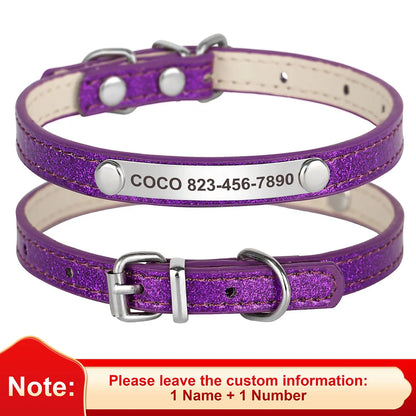 Personalized Bling Cat & Dog Collar – Custom Engraved ID Nameplate | Adjustable Leather Pet Collar