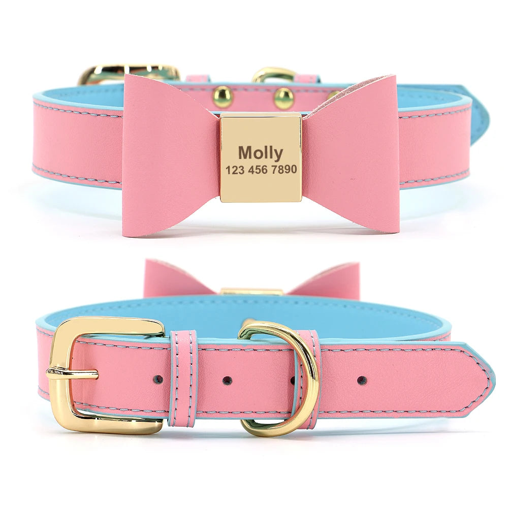 
Personalized leather dog collars with engraved gold name plates
