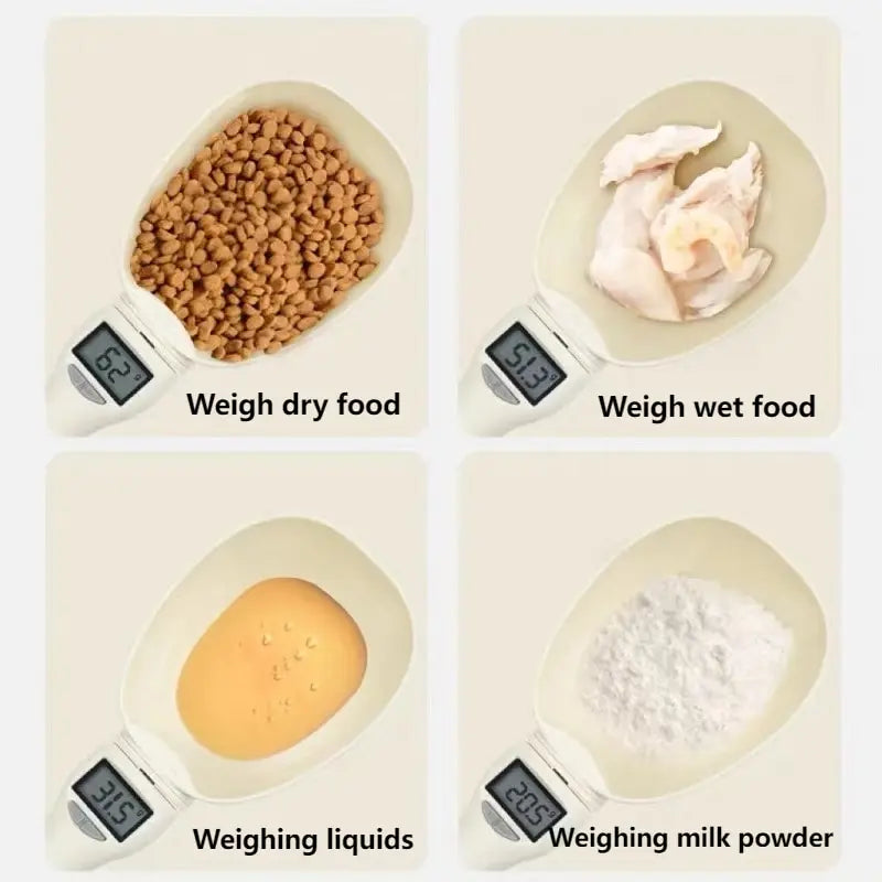 White food scoop scale showing portion of dry dog food