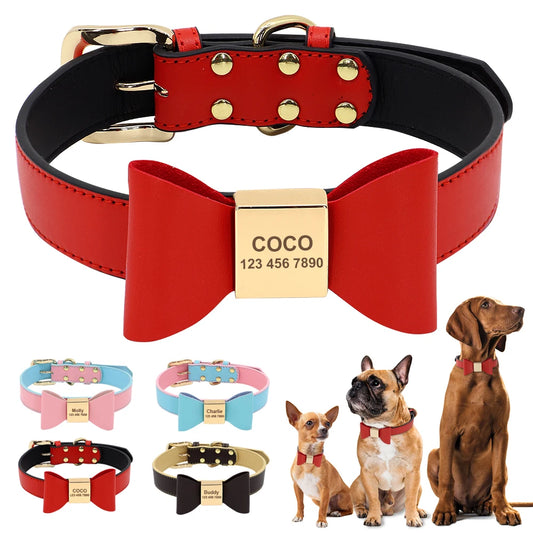 
Red personalized dog collar with engraved gold name tag and bow design
