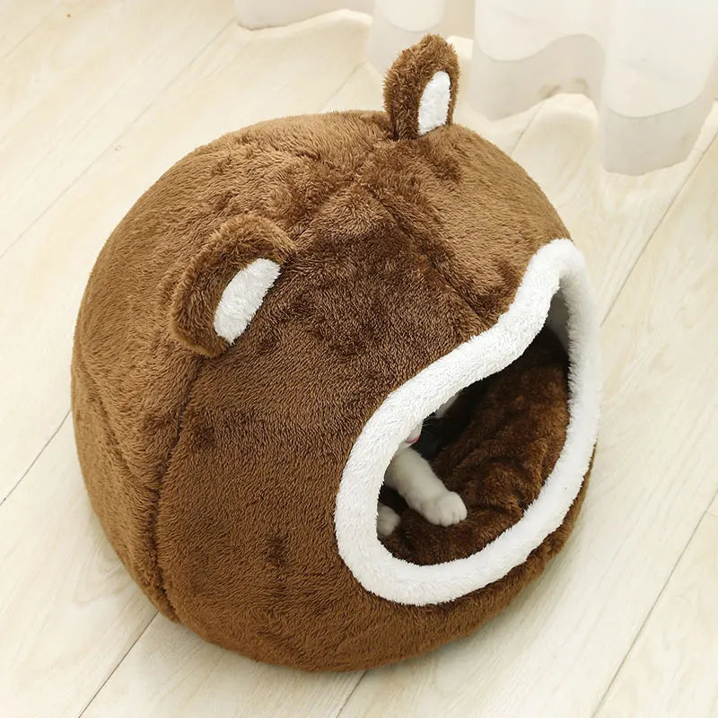 Cozy brown plush cat house with ears – product display