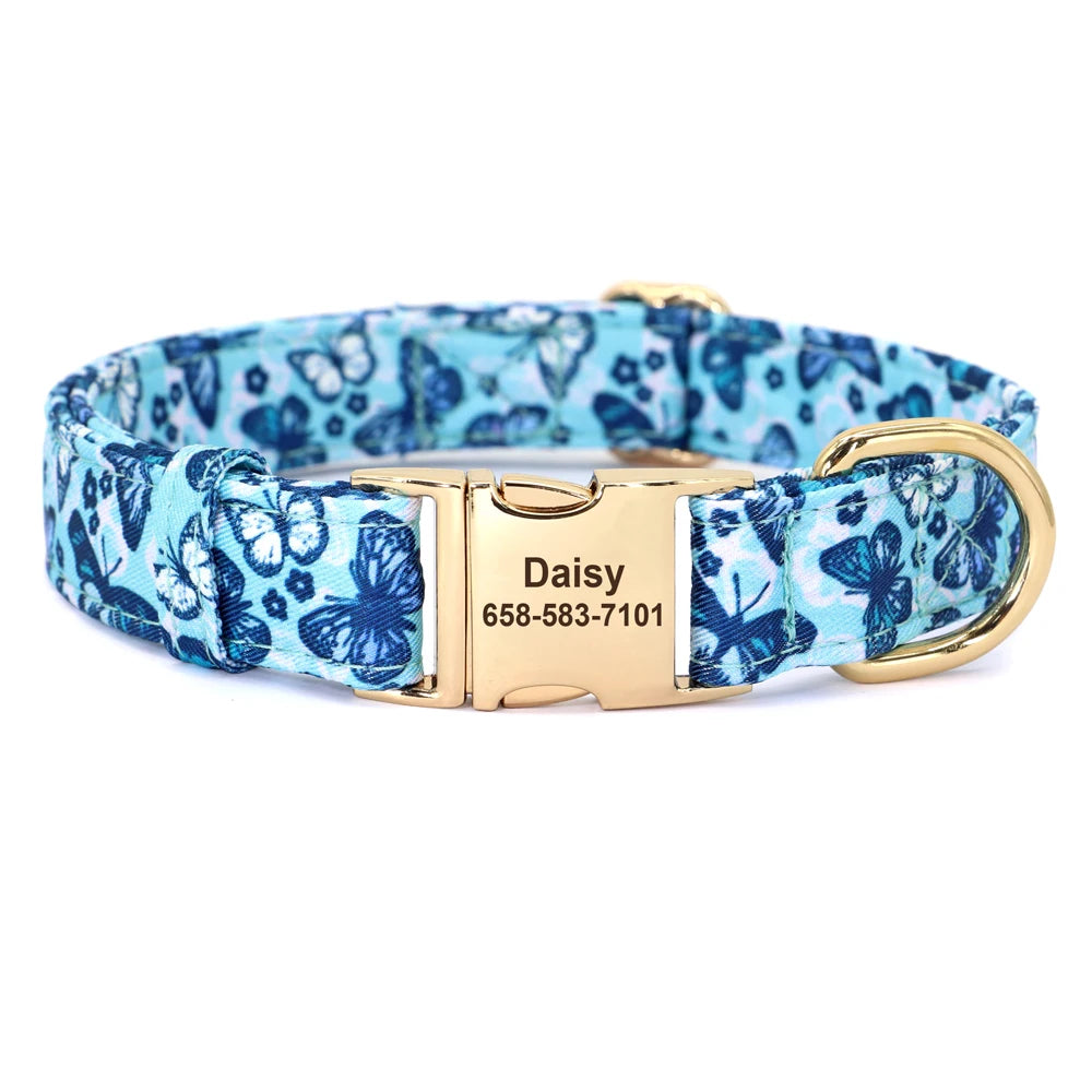 Blue nylon dog collar with custom engraved ID tag – Daisy.