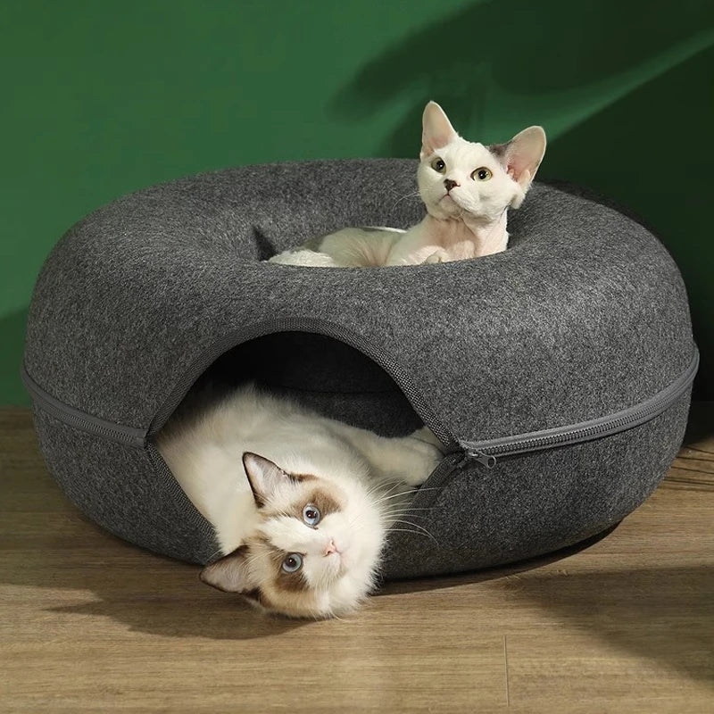Dark gray cat tunnel bed with cozy cotton interior