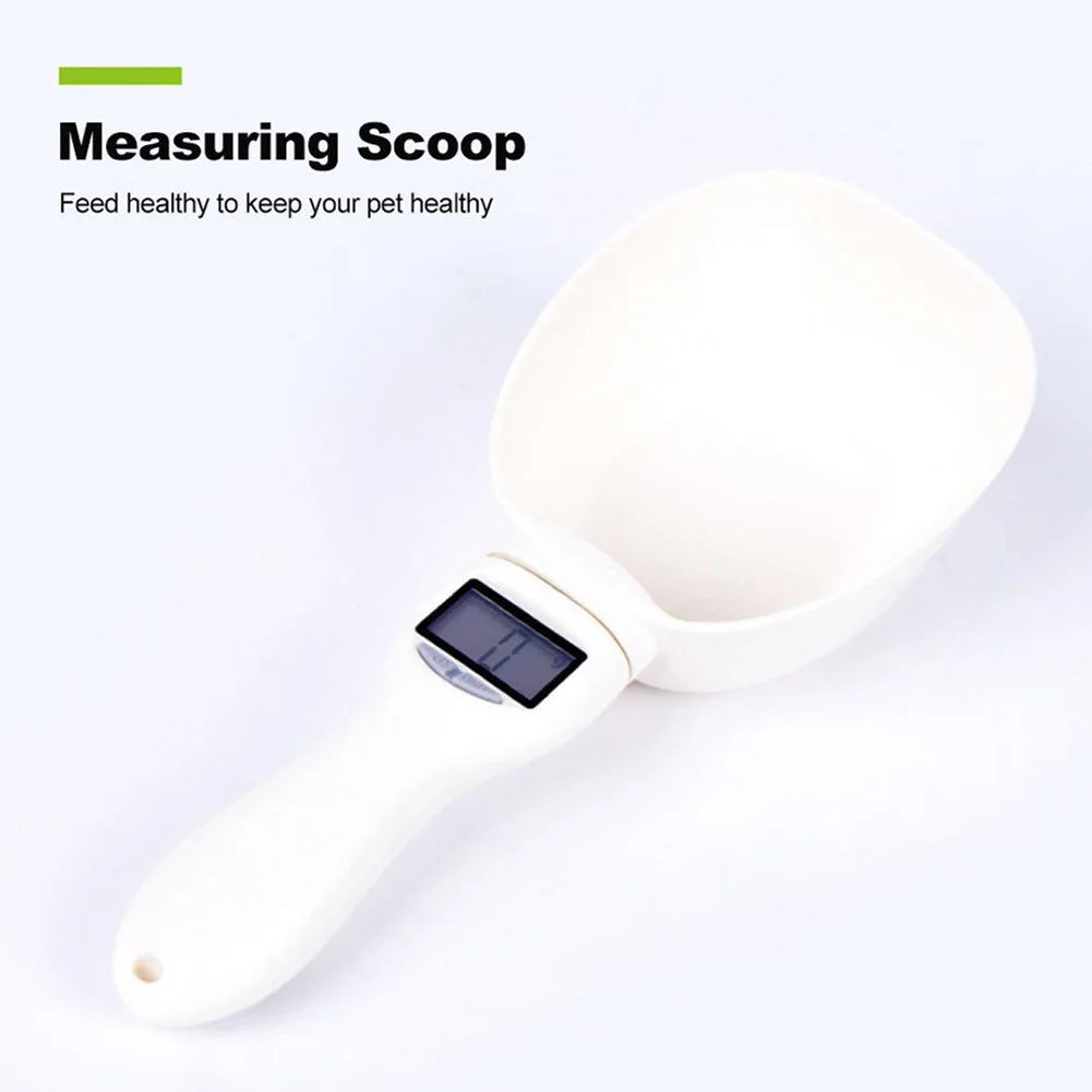 Pet owner using LCD food scale spoon for dog kibble