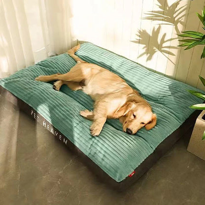 Dog lying on green corduroy pet bed mat with PP cotton filling
