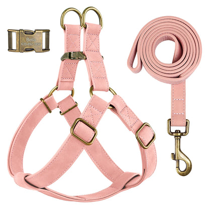 Custom PU Leather Dog Harness with Engraved ID Buckle & Matching Leash – Adjustable