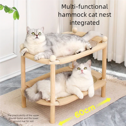 Double layer wooden cat hammock bed with scratch pad – 60cm cat furniture for kittens and adult cats