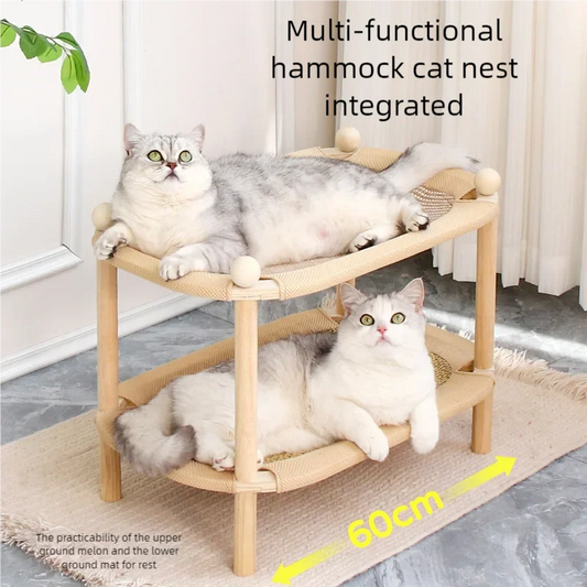 Double layer wooden cat hammock bed with scratch pad – 60cm cat furniture for kittens and adult cats