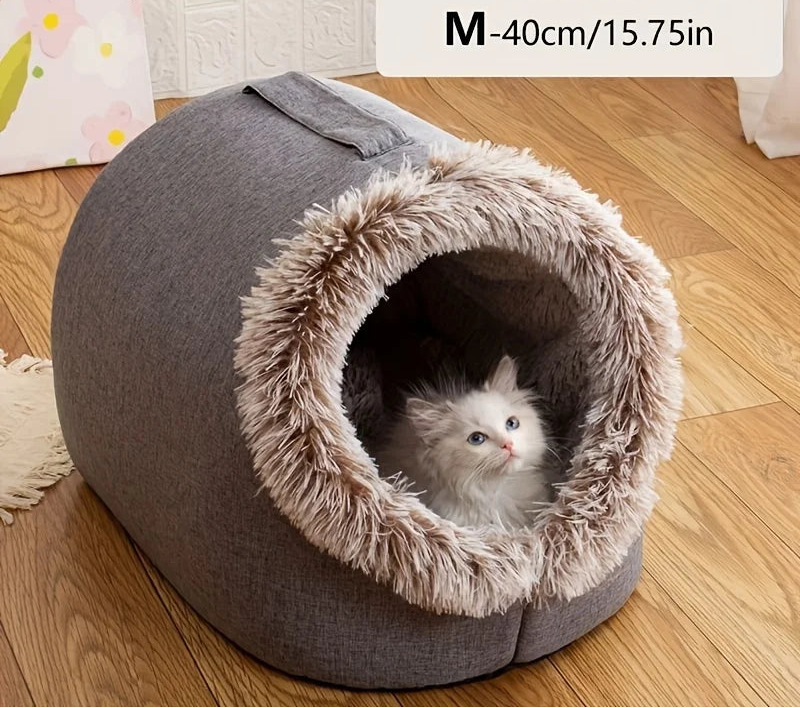cat sleeping house with soft plush interior