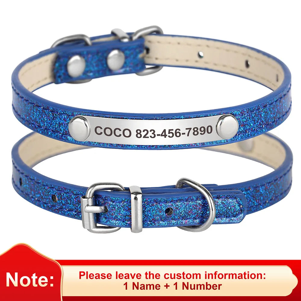 Personalized Bling Cat & Dog Collar – Custom Engraved ID Nameplate | Adjustable Leather Pet Collar