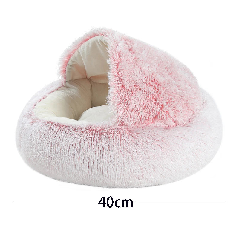 Warm plush cat bed with hooded design
