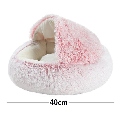 Warm plush cat bed with hooded design
