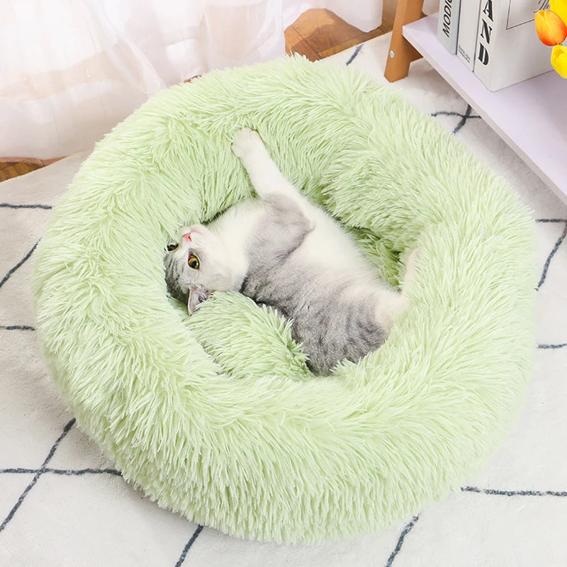 Round green plush pet bed – top view