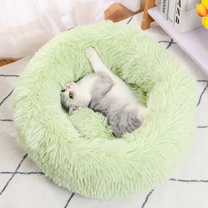Round green plush pet bed – top view