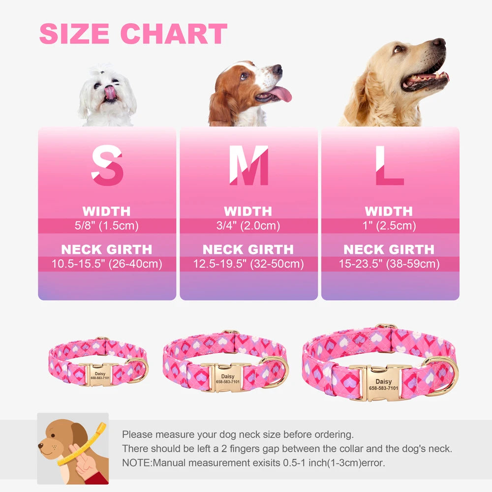Dog collar size chart – small, medium and large adjustable collars.