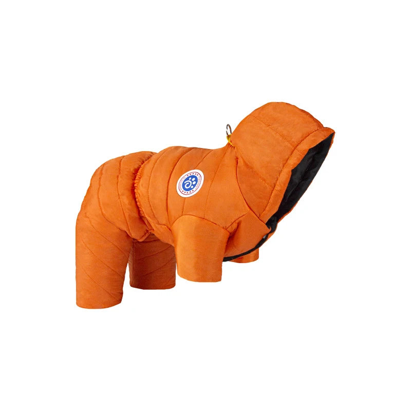 Orange winter dog coat with waist-cinching fit