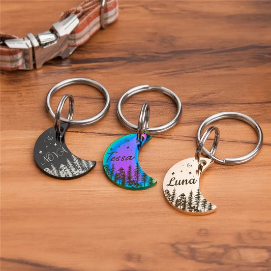 Engraved moon pet ID tag with custom name
