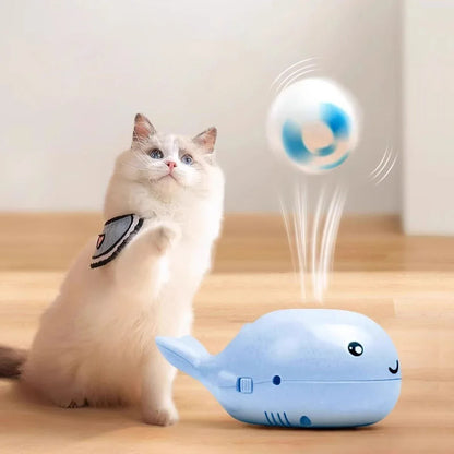 Cat playing with whale-shaped interactive toy – floating ball USB powered
