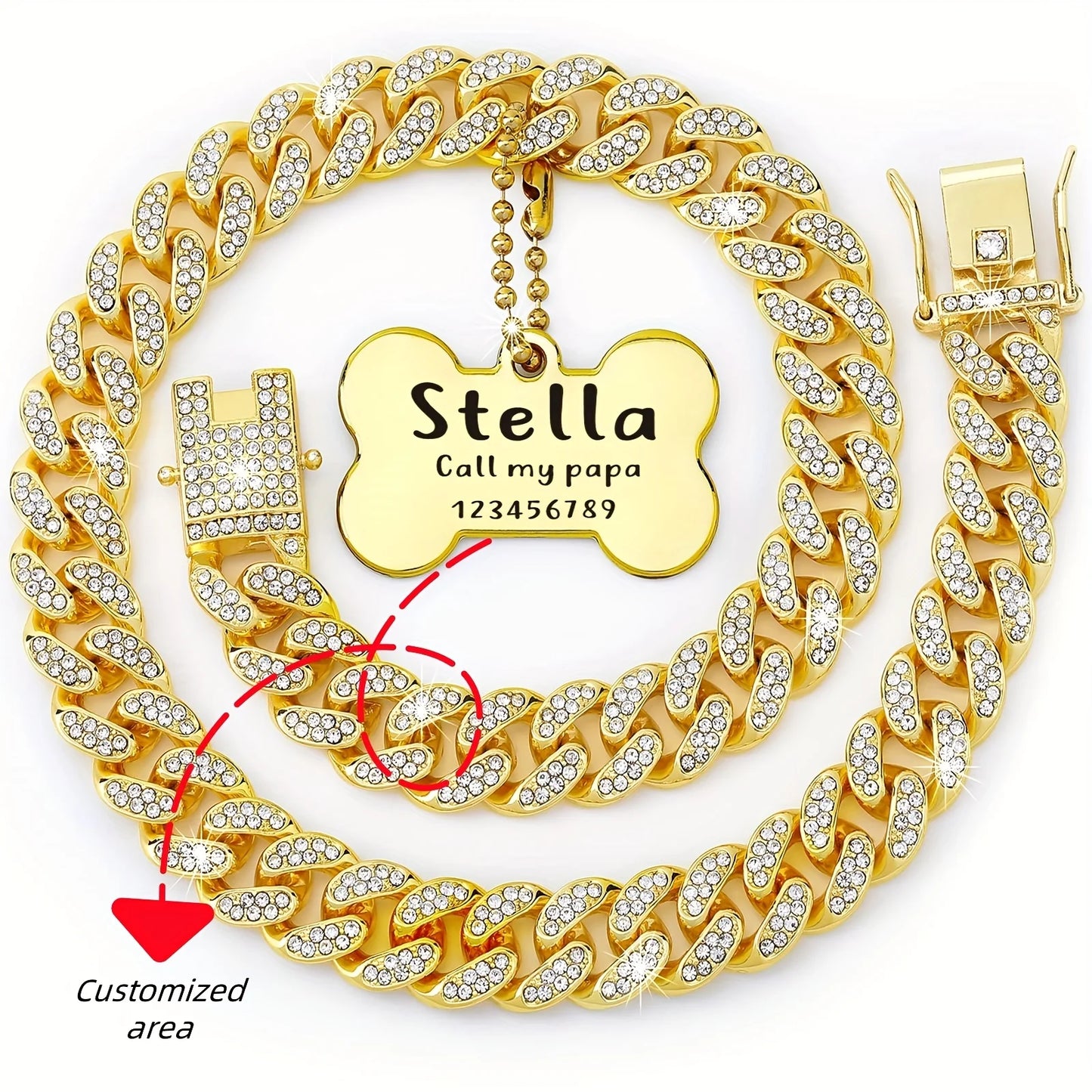 Gold Cuban link dog collar with custom engraved ID plate