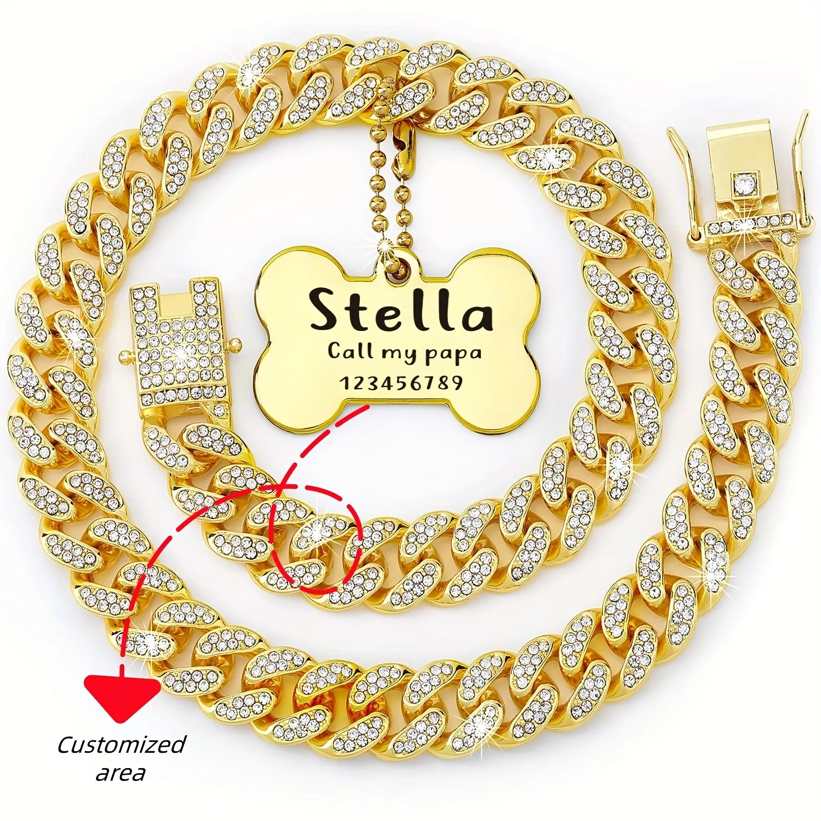 Gold Cuban link dog collar with custom engraved ID plate