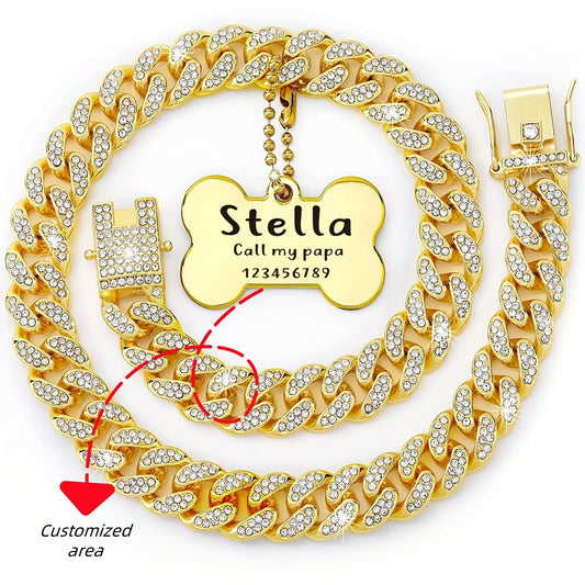 Gold Cuban link dog collar with custom engraved ID plate