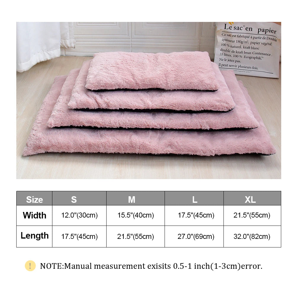 Stack of pink and gray faux fur dog mats – lightweight and portable design