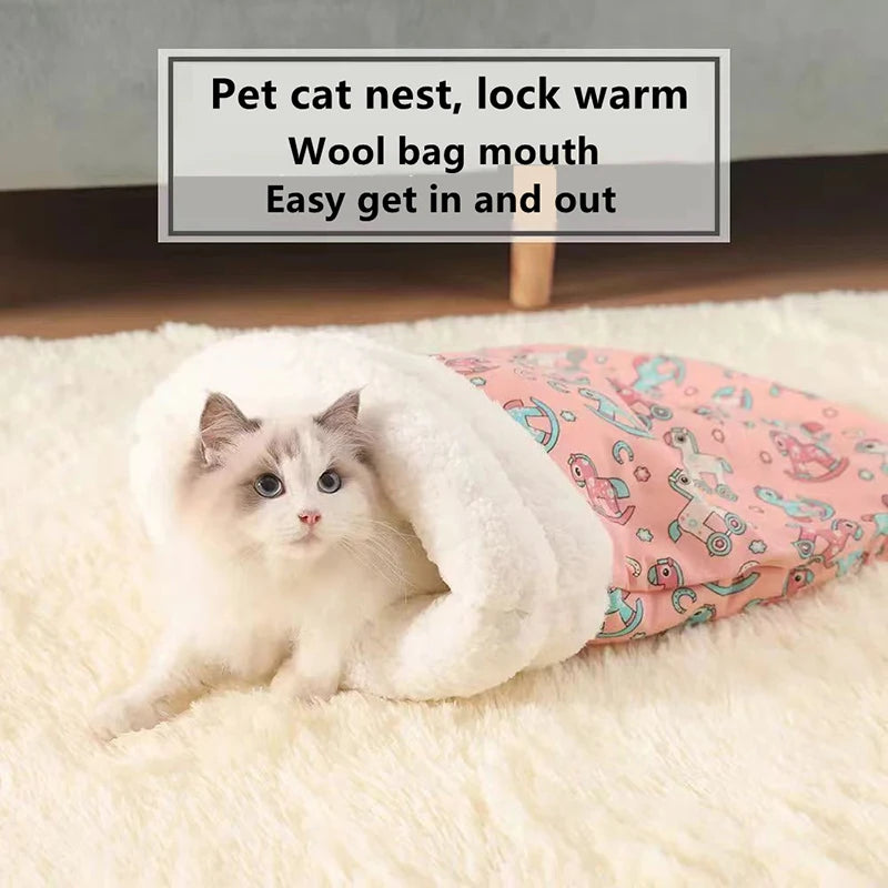 Multiple cartoon-style cat nest beds in different colors