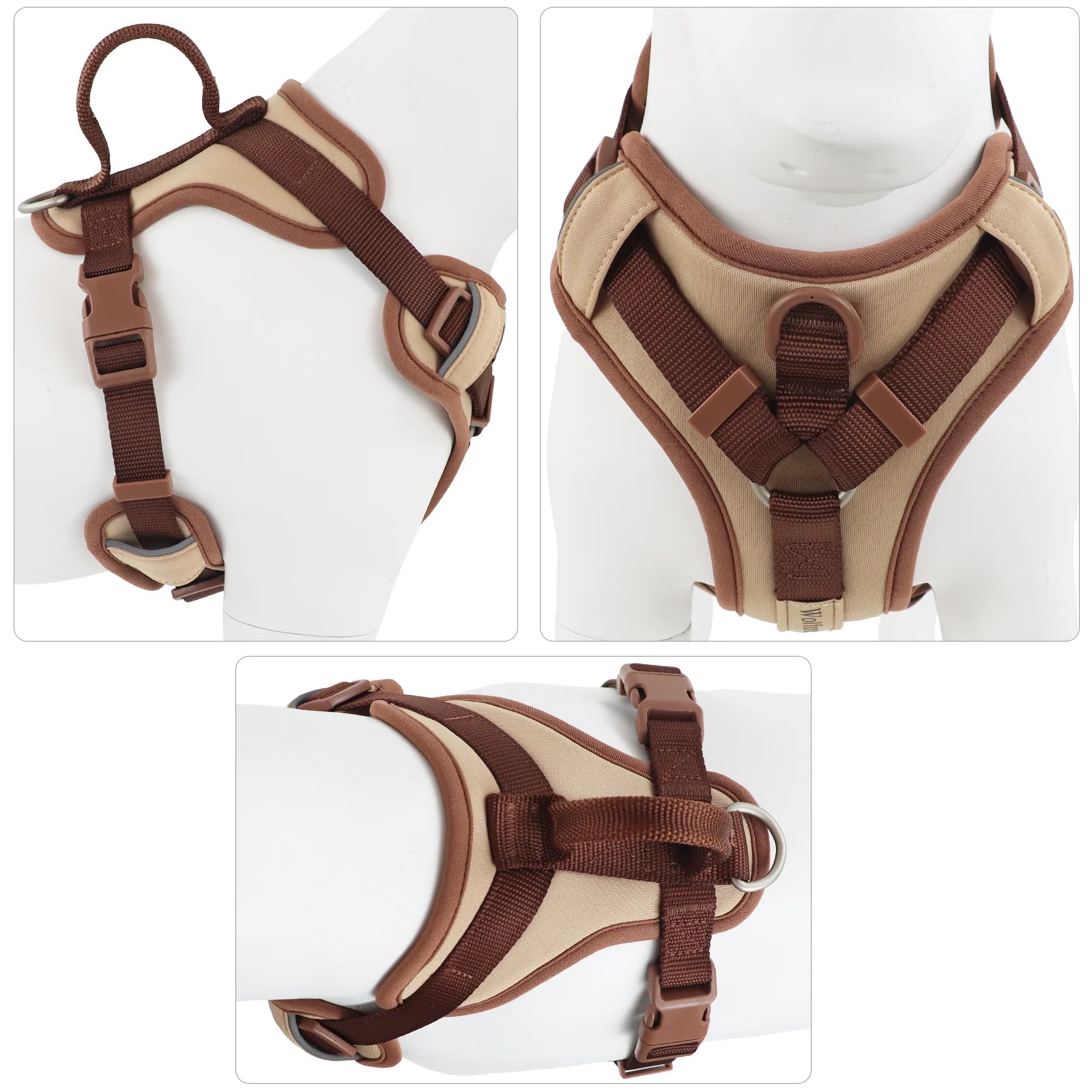 Close-up of chocolate dog harness with padded interior