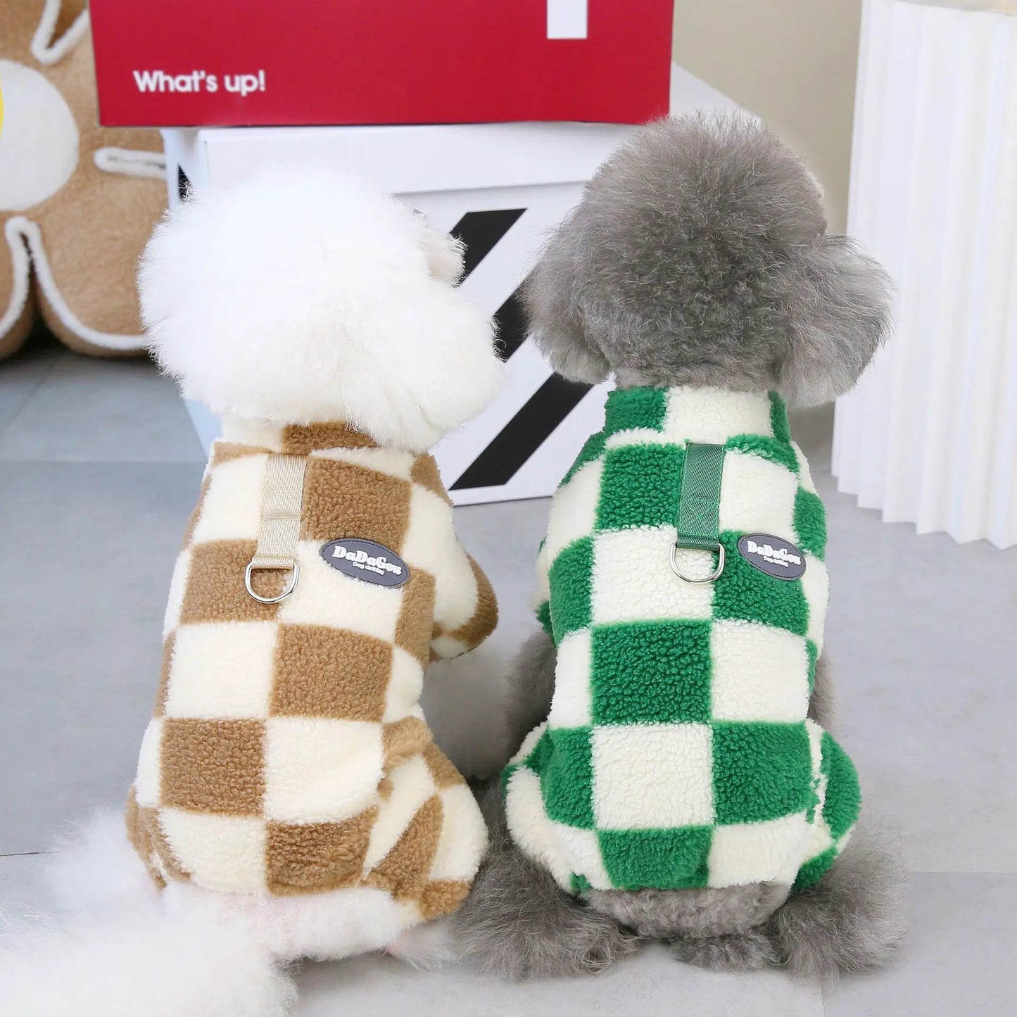 Blue checkered fleece winter outfit for small dogs