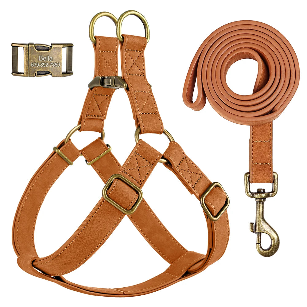 Custom PU Leather Dog Harness with Engraved ID Buckle & Matching Leash – Adjustable