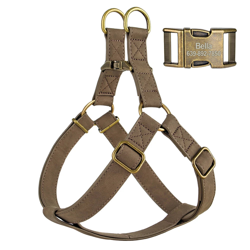 Custom PU Leather Dog Harness with Engraved ID Buckle & Matching Leash – Adjustable