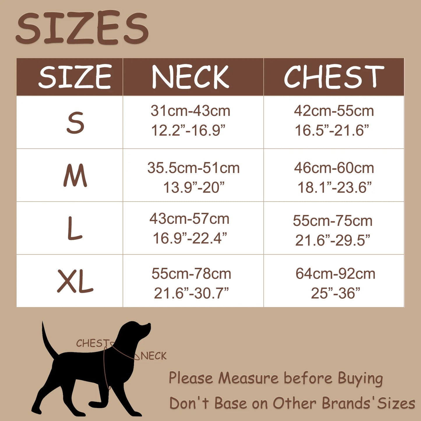 Size chart for luxury adjustable dog harness