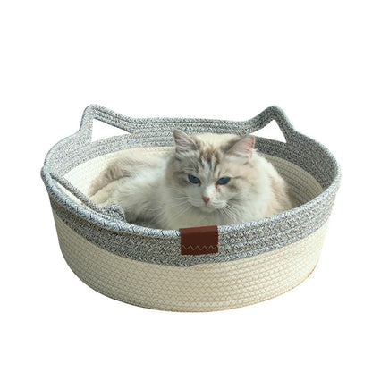 Cat-Ear Shaped Woven Cotton Cat Bed – Cozy Nest with Cute Design, Breathable & Easy to Clean