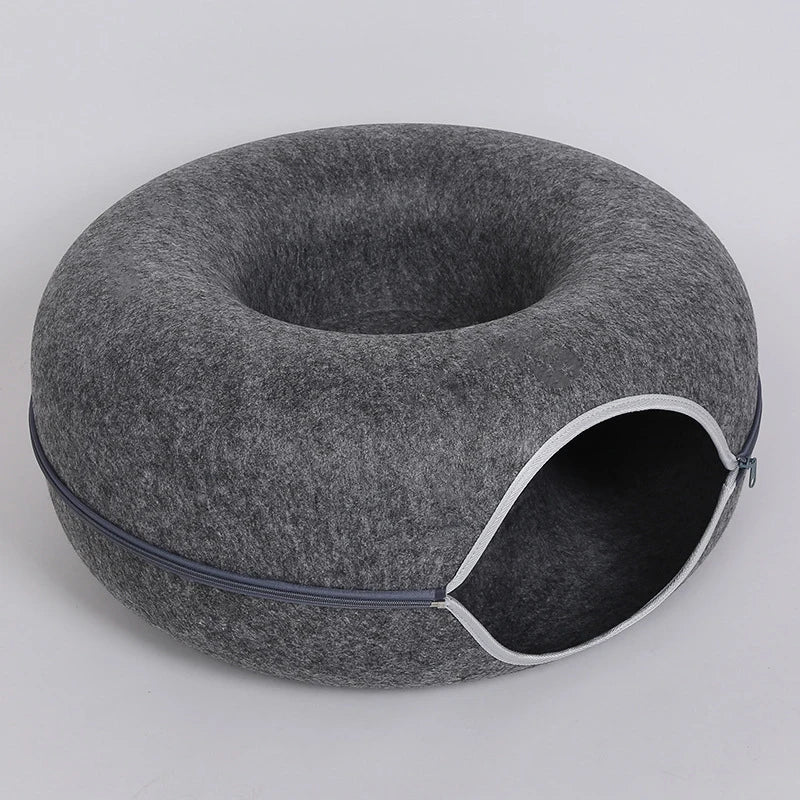 Donut Cat Bed with Tunnel – Dual-Use Cat House and Play Toy, Cozy Felt Bed for Kittens and Cats
