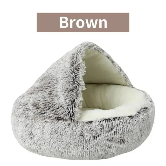 Plush Hooded Pet Bed – Warm Round Nest for Cats & Dogs