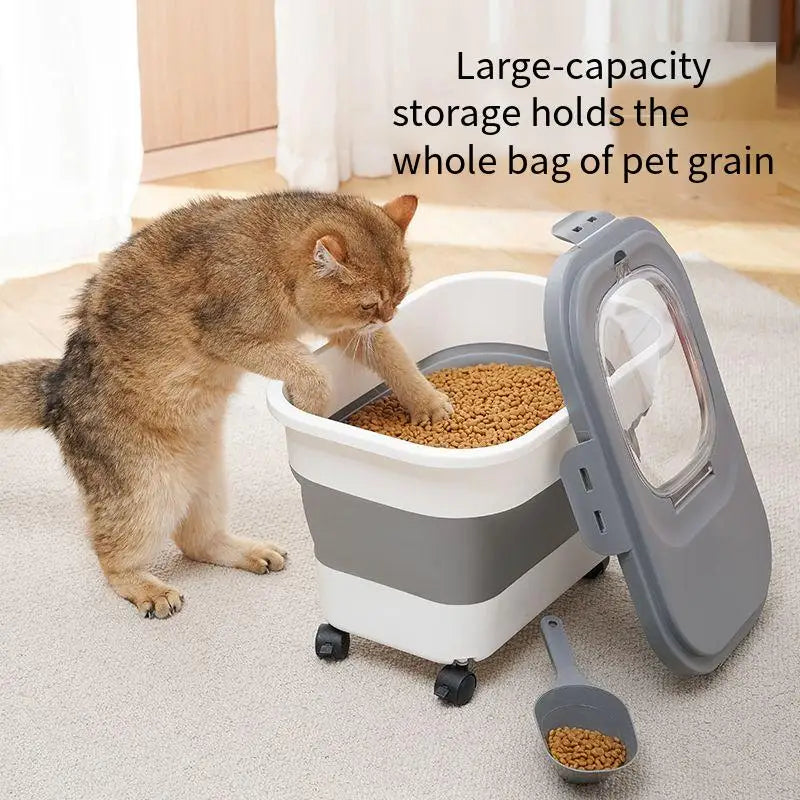 Cat eating kibble from large airtight food storage box