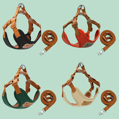 Multiple color options of small dog harness with leash