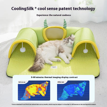 Cooling Cat Tunnel Bed – Summer Breathable Ice Silk Pet Mat with Tunnel for Cats, Anti-Slip Base, Soft Latex Nest for Small & Large Cats