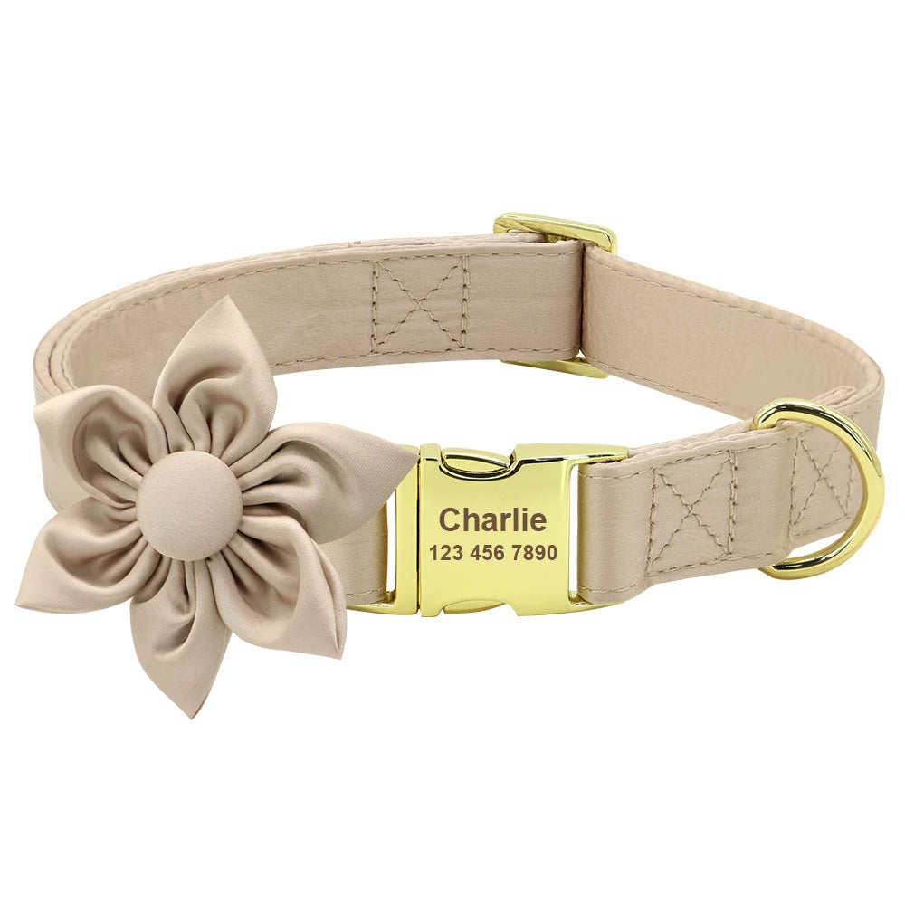 Personalized Dog Collar with Bowknot & Flower – Engraved Name Tag, Adjustable for Small, Medium & Large Dogs