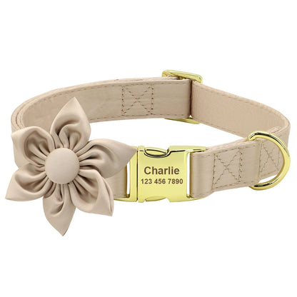 Personalized Dog Collar with Bowknot & Flower – Engraved Name Tag, Adjustable for Small, Medium & Large Dogs